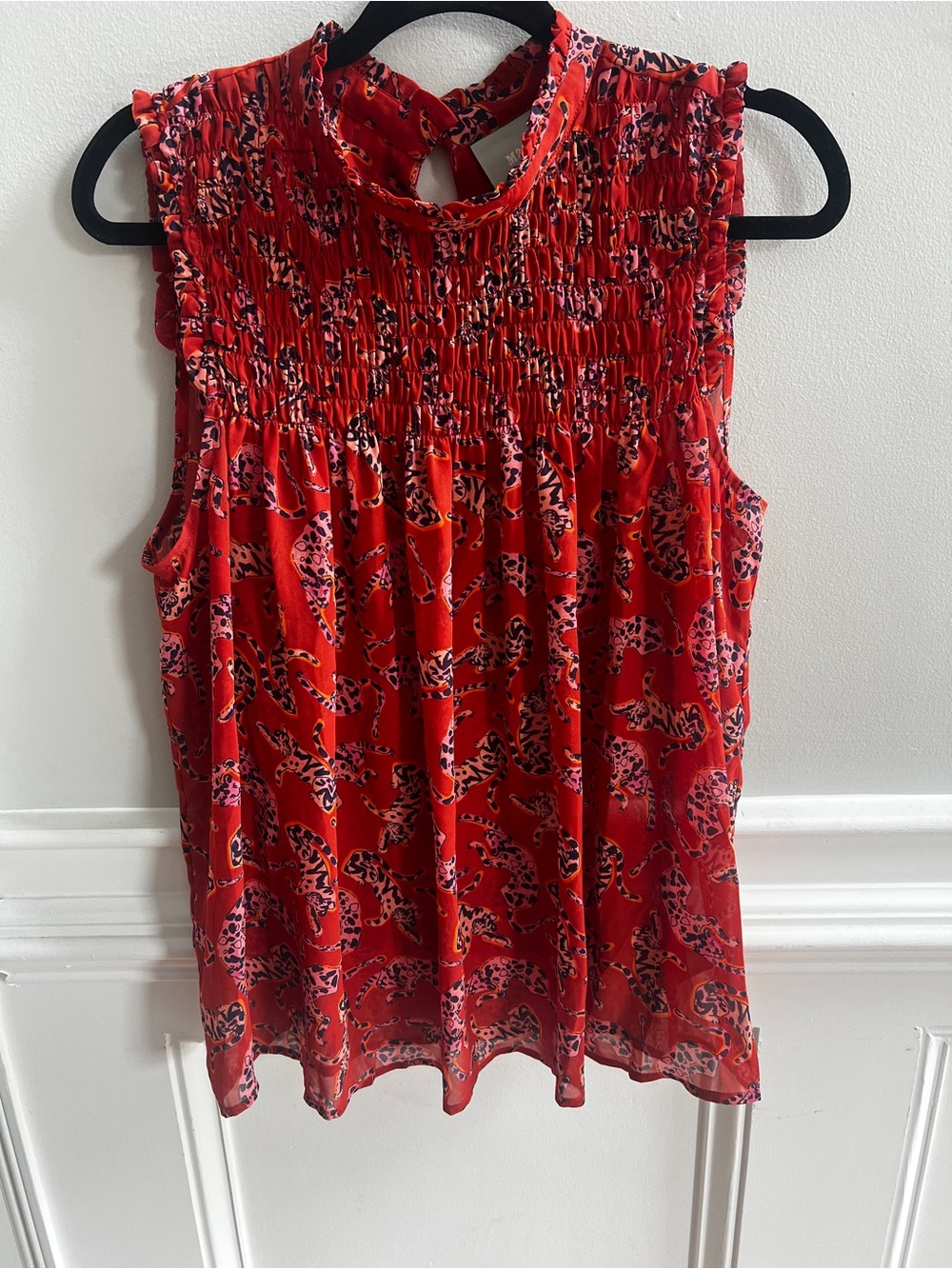 Maeve Anthropologie Tiger Leopard Print Smocked Top Size 12 Red Pink